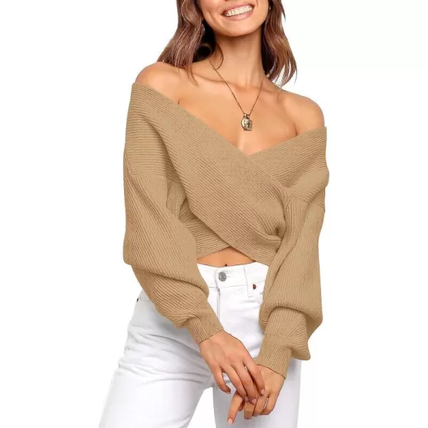 imageANRABESS Womens 2022 Fall Fashion Long Sleeve Off Shoulder Crissover V Neck Knit Cropped Sweater TopKhaki