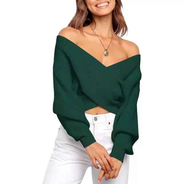 imageANRABESS Womens 2022 Fall Fashion Long Sleeve Off Shoulder Crissover V Neck Knit Cropped Sweater TopOpal Green