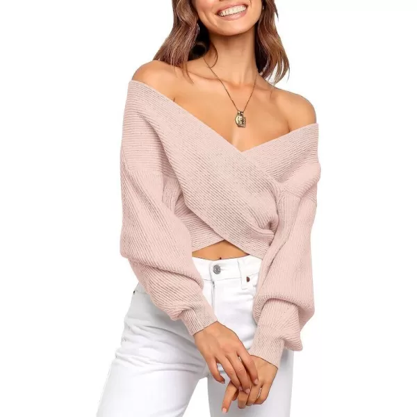 imageANRABESS Womens 2022 Fall Fashion Long Sleeve Off Shoulder Crissover V Neck Knit Cropped Sweater TopPink