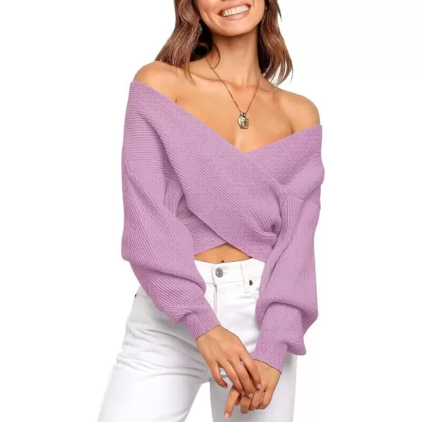 imageANRABESS Womens 2022 Fall Fashion Long Sleeve Off Shoulder Crissover V Neck Knit Cropped Sweater TopPurple