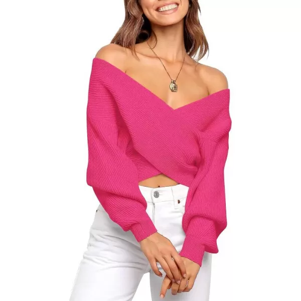 imageANRABESS Womens 2022 Fall Fashion Long Sleeve Off Shoulder Crissover V Neck Knit Cropped Sweater TopRose
