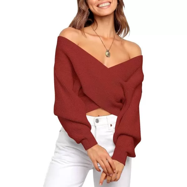imageANRABESS Womens 2022 Fall Fashion Long Sleeve Off Shoulder Crissover V Neck Knit Cropped Sweater TopRust