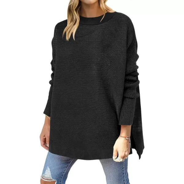 imageANRABESS Womens 2023 Casual Oversized Long Batwing Sleeve Crewneck Spilt High Low Hem Knit Tunic Pullover Sweater TopsBlack
