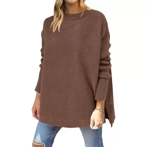 imageANRABESS Womens 2023 Casual Oversized Long Batwing Sleeve Crewneck Spilt High Low Hem Knit Tunic Pullover Sweater TopsBrown