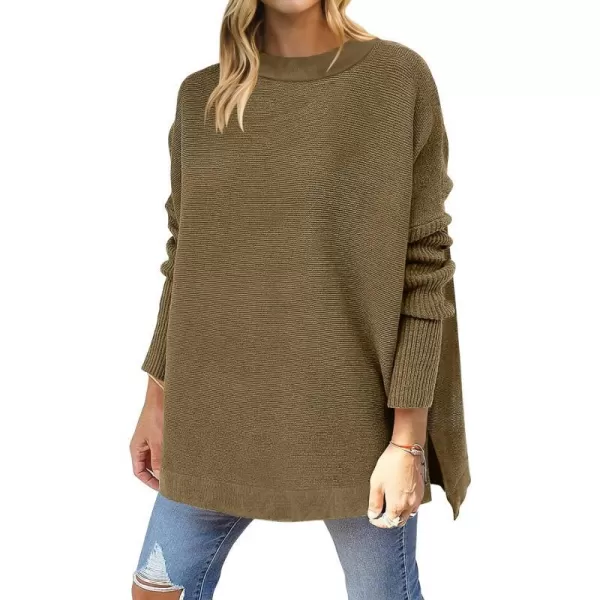 imageANRABESS Womens 2023 Casual Oversized Long Batwing Sleeve Crewneck Spilt High Low Hem Knit Tunic Pullover Sweater TopsCamel