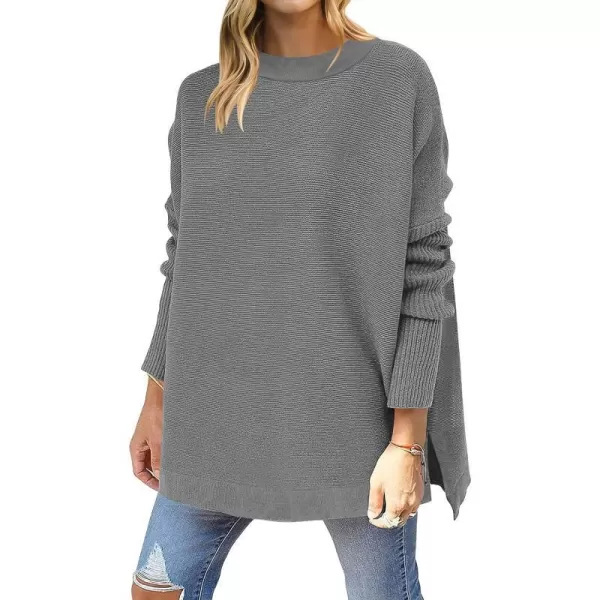 imageANRABESS Womens 2023 Casual Oversized Long Batwing Sleeve Crewneck Spilt High Low Hem Knit Tunic Pullover Sweater TopsDark Gray