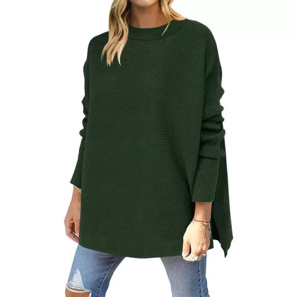 imageANRABESS Womens 2023 Casual Oversized Long Batwing Sleeve Crewneck Spilt High Low Hem Knit Tunic Pullover Sweater TopsForest