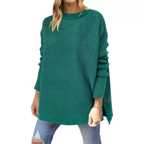 imageANRABESS Womens 2023 Casual Oversized Long Batwing Sleeve Crewneck Spilt High Low Hem Knit Tunic Pullover Sweater TopsGrass