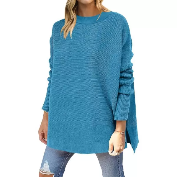 imageANRABESS Womens 2023 Casual Oversized Long Batwing Sleeve Crewneck Spilt High Low Hem Knit Tunic Pullover Sweater TopsLake