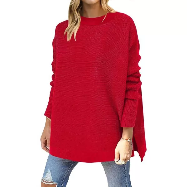 imageANRABESS Womens 2023 Casual Oversized Long Batwing Sleeve Crewneck Spilt High Low Hem Knit Tunic Pullover Sweater TopsRed