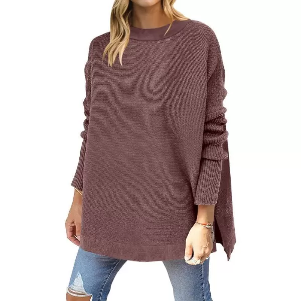 imageANRABESS Womens 2023 Casual Oversized Long Batwing Sleeve Crewneck Spilt High Low Hem Knit Tunic Pullover Sweater TopsRed Brown