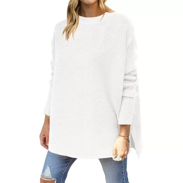 imageANRABESS Womens 2023 Casual Oversized Long Batwing Sleeve Crewneck Spilt High Low Hem Knit Tunic Pullover Sweater TopsWhite