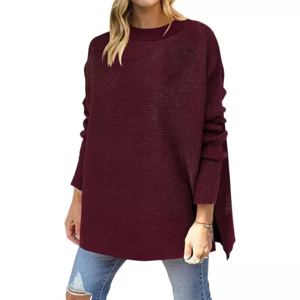 imageANRABESS Womens 2023 Casual Oversized Long Batwing Sleeve Crewneck Spilt High Low Hem Knit Tunic Pullover Sweater TopsWine Red