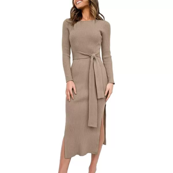 imageANRABESS Womens 2023 Elegant Sweater Dress Long Sleeve Crewneck Tie Waist Slim Fit Knit Slit Midi DressAlmond