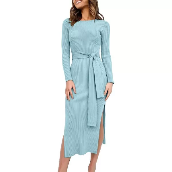 imageANRABESS Womens 2023 Elegant Sweater Dress Long Sleeve Crewneck Tie Waist Slim Fit Knit Slit Midi DressBlue