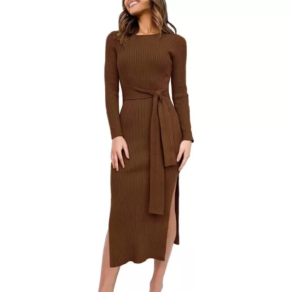 imageANRABESS Womens 2023 Elegant Sweater Dress Long Sleeve Crewneck Tie Waist Slim Fit Knit Slit Midi DressBrown