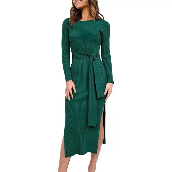 imageANRABESS Womens 2023 Elegant Sweater Dress Long Sleeve Crewneck Tie Waist Slim Fit Knit Slit Midi DressDark Green