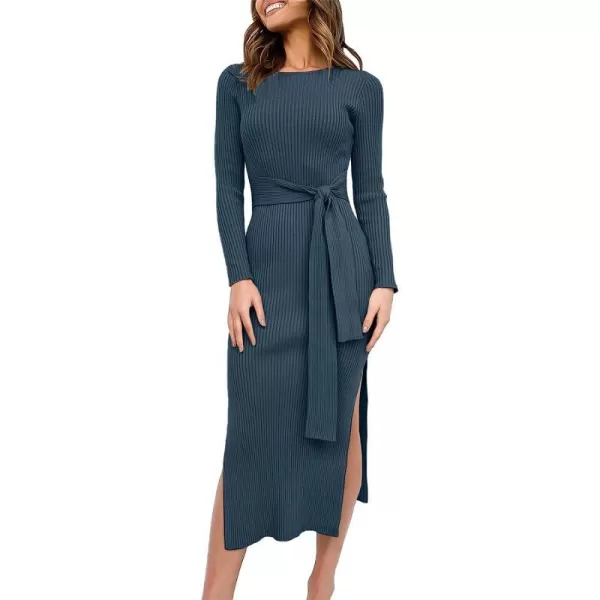 imageANRABESS Womens 2023 Elegant Sweater Dress Long Sleeve Crewneck Tie Waist Slim Fit Knit Slit Midi DressDusty Blue