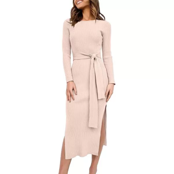 imageANRABESS Womens 2023 Elegant Sweater Dress Long Sleeve Crewneck Tie Waist Slim Fit Knit Slit Midi DressPink