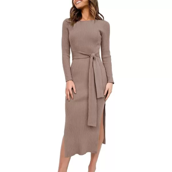 imageANRABESS Womens 2023 Elegant Sweater Dress Long Sleeve Crewneck Tie Waist Slim Fit Knit Slit Midi DressPink Almond