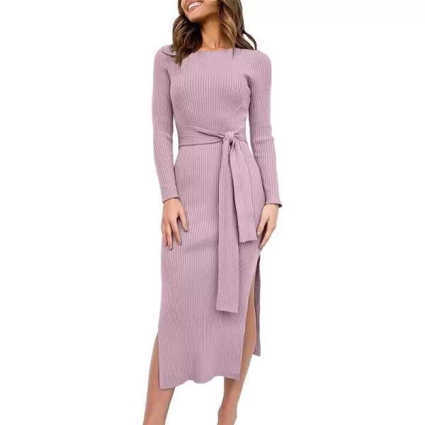 imageANRABESS Womens 2023 Elegant Sweater Dress Long Sleeve Crewneck Tie Waist Slim Fit Knit Slit Midi DressPurple