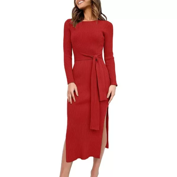 imageANRABESS Womens 2023 Elegant Sweater Dress Long Sleeve Crewneck Tie Waist Slim Fit Knit Slit Midi DressRed