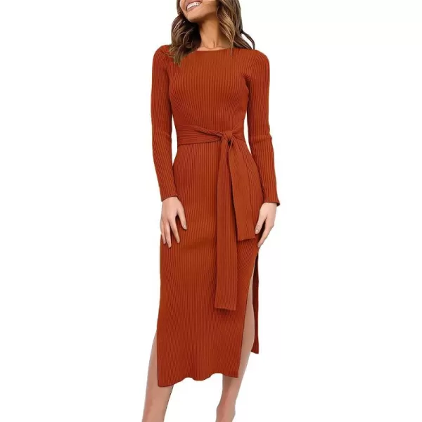 imageANRABESS Womens 2023 Elegant Sweater Dress Long Sleeve Crewneck Tie Waist Slim Fit Knit Slit Midi DressRust