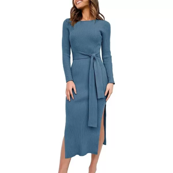 imageANRABESS Womens 2023 Elegant Sweater Dress Long Sleeve Crewneck Tie Waist Slim Fit Knit Slit Midi DressTeal