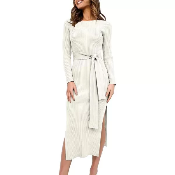 imageANRABESS Womens 2023 Elegant Sweater Dress Long Sleeve Crewneck Tie Waist Slim Fit Knit Slit Midi DressWhite
