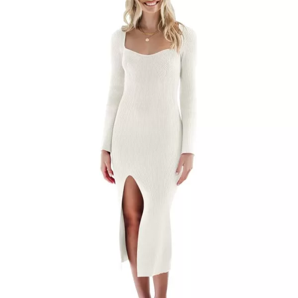 ANRABESS Women's 2023 Fall Bell Long Sleeve Sweetheart Neck Slim Fit Ribbed Knit Side Slit Bodycon Midi Sweater Dress