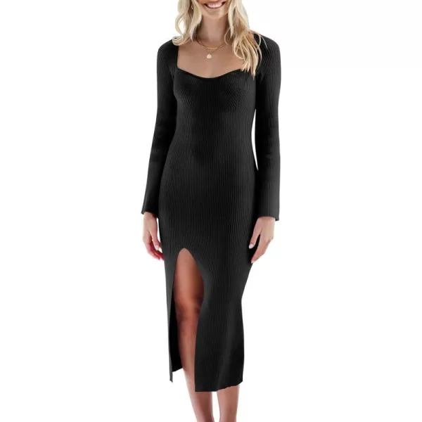 imageANRABESS Womens 2023 Fall Bell Long Sleeve Sweetheart Neck Slim Fit Ribbed Knit Side Slit Bodycon Midi Sweater DressBlack