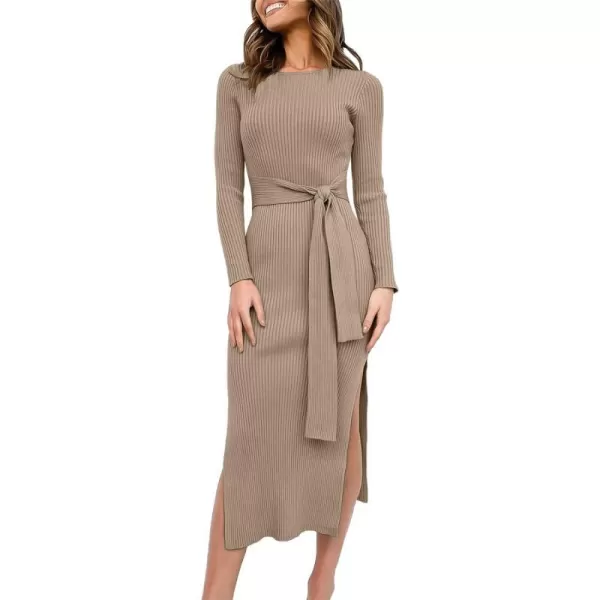 imageANRABESS Womens 2023 Fall Elegant Sweater Dress Long Sleeve Crewneck Tie Waist Slim Rib Knit Slit Bodycon Midi DressAlmond