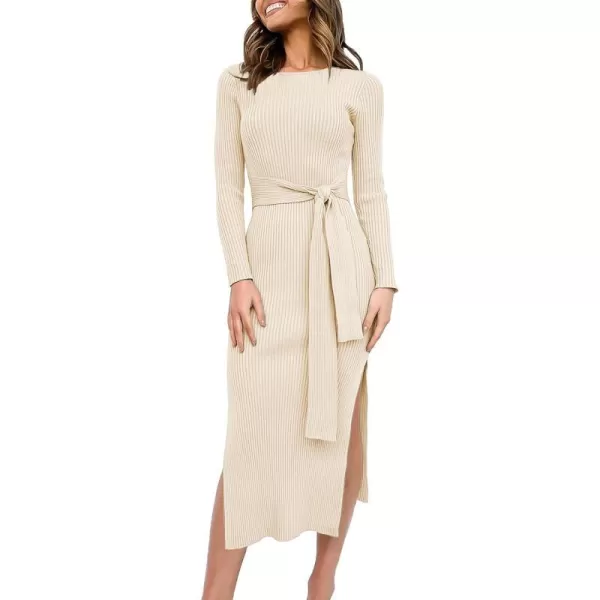 imageANRABESS Womens 2023 Fall Elegant Sweater Dress Long Sleeve Crewneck Tie Waist Slim Rib Knit Slit Bodycon Midi DressBeige