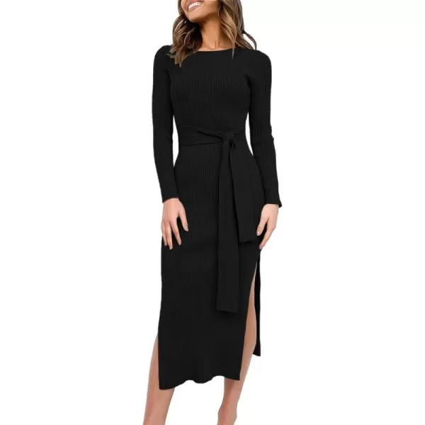 imageANRABESS Womens 2023 Fall Elegant Sweater Dress Long Sleeve Crewneck Tie Waist Slim Rib Knit Slit Bodycon Midi DressBlack