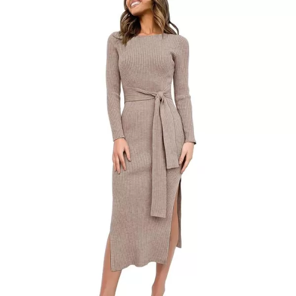 imageANRABESS Womens 2023 Fall Elegant Sweater Dress Long Sleeve Crewneck Tie Waist Slim Rib Knit Slit Bodycon Midi DressCamel