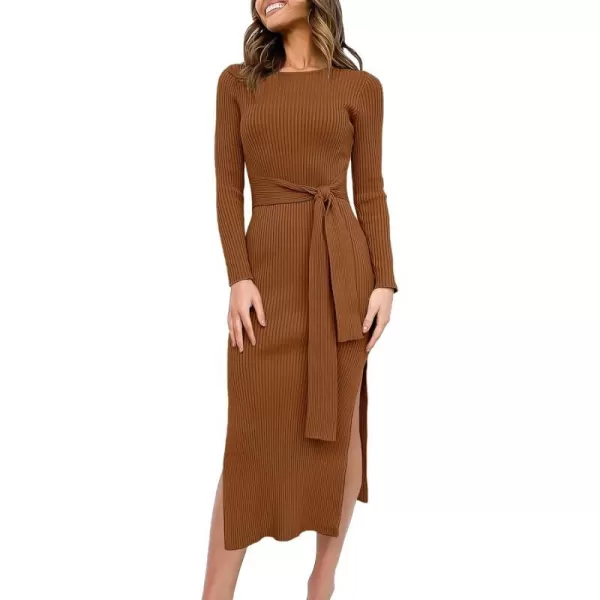 imageANRABESS Womens 2023 Fall Elegant Sweater Dress Long Sleeve Crewneck Tie Waist Slim Rib Knit Slit Bodycon Midi DressCaramel