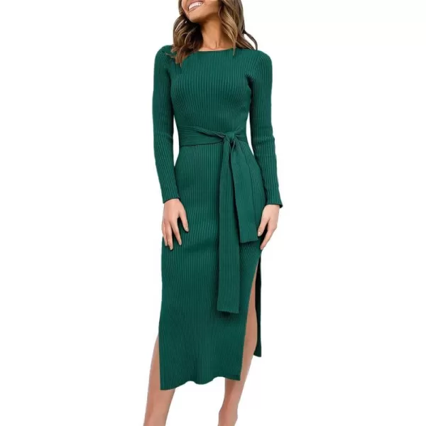 imageANRABESS Womens 2023 Fall Elegant Sweater Dress Long Sleeve Crewneck Tie Waist Slim Rib Knit Slit Bodycon Midi DressDark Green