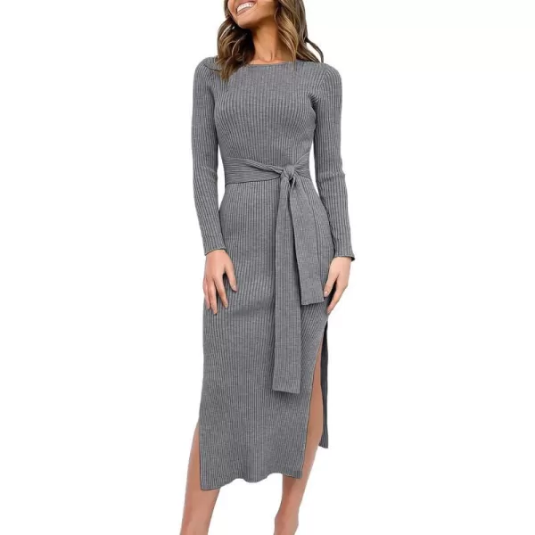 imageANRABESS Womens 2023 Fall Elegant Sweater Dress Long Sleeve Crewneck Tie Waist Slim Rib Knit Slit Bodycon Midi DressDark Grey