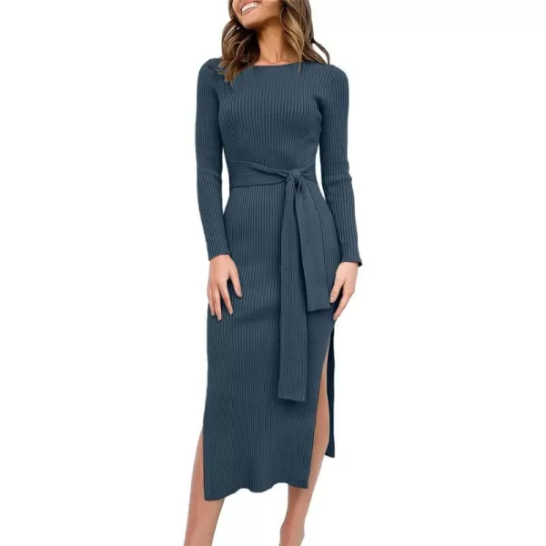 imageANRABESS Womens 2023 Fall Elegant Sweater Dress Long Sleeve Crewneck Tie Waist Slim Rib Knit Slit Bodycon Midi DressDusty Blue