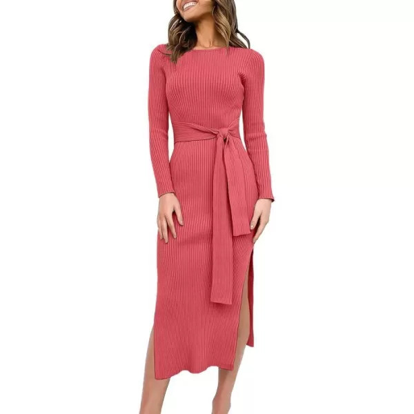 imageANRABESS Womens 2023 Fall Elegant Sweater Dress Long Sleeve Crewneck Tie Waist Slim Rib Knit Slit Bodycon Midi DressMaroon