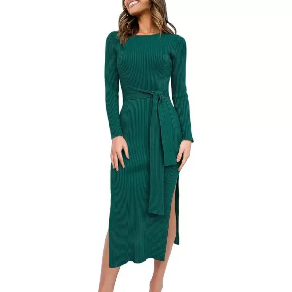 imageANRABESS Womens 2023 Fall Elegant Sweater Dress Long Sleeve Crewneck Tie Waist Slim Rib Knit Slit Bodycon Midi DressOpal Green