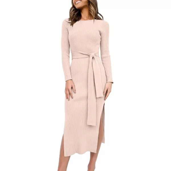 imageANRABESS Womens 2023 Fall Elegant Sweater Dress Long Sleeve Crewneck Tie Waist Slim Rib Knit Slit Bodycon Midi DressPink