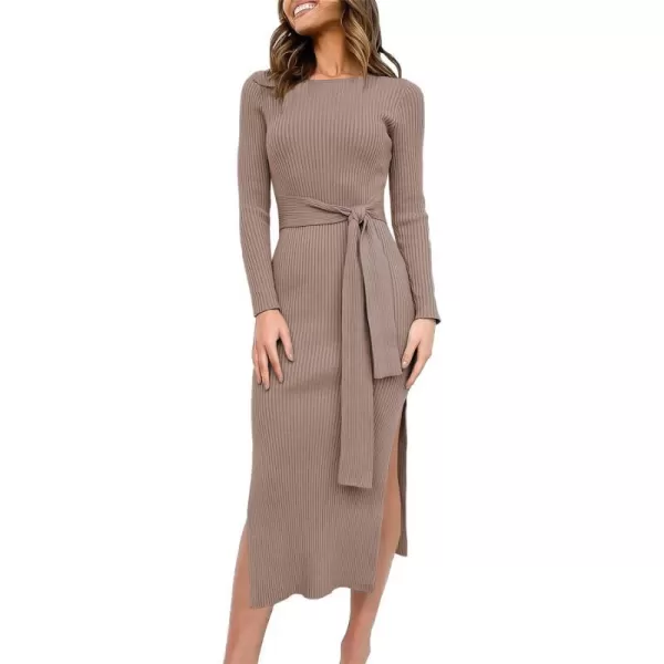 imageANRABESS Womens 2023 Fall Elegant Sweater Dress Long Sleeve Crewneck Tie Waist Slim Rib Knit Slit Bodycon Midi DressPink Almond