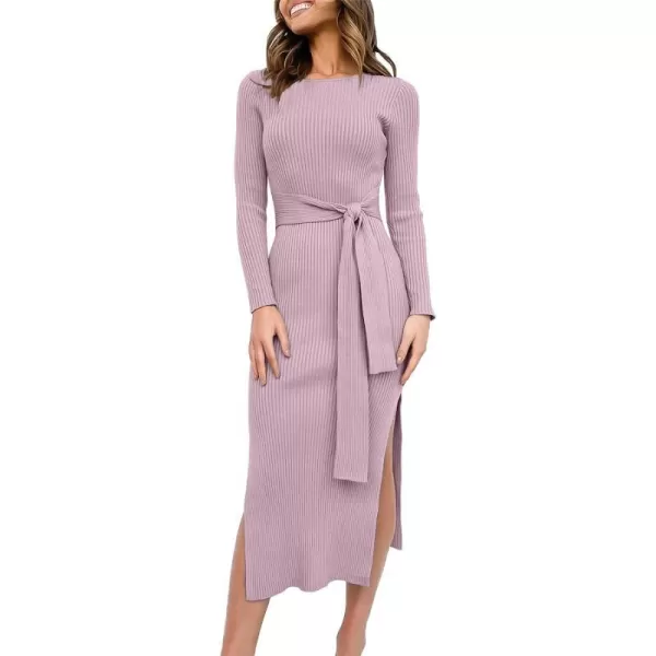 imageANRABESS Womens 2023 Fall Elegant Sweater Dress Long Sleeve Crewneck Tie Waist Slim Rib Knit Slit Bodycon Midi DressPurple