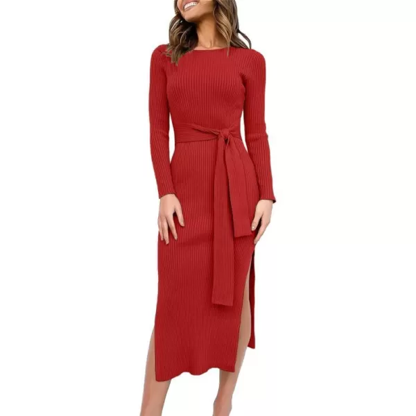 imageANRABESS Womens 2023 Fall Elegant Sweater Dress Long Sleeve Crewneck Tie Waist Slim Rib Knit Slit Bodycon Midi DressRed