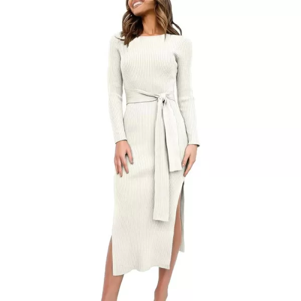 imageANRABESS Womens 2023 Fall Elegant Sweater Dress Long Sleeve Crewneck Tie Waist Slim Rib Knit Slit Bodycon Midi DressWhite