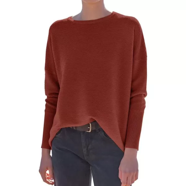 imageANRABESS Womens 2023 Fall Long Batwing Sleeve Drop Shoulder Crewneck Casual Ribbed Knit Sweaters Pullover with SplitRust