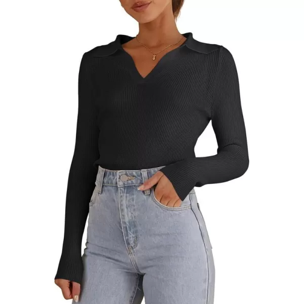 imageANRABESS Womens 2023 Fall Long Sleeve Lapel Collar V Neck Ribbed Knit Fitted T Shirts Solid Basic Tops Pullover SweaterBlack