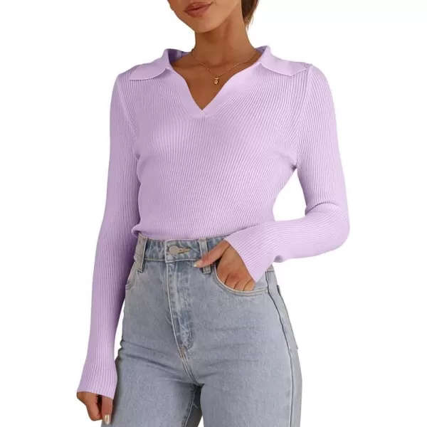 imageANRABESS Womens 2023 Fall Long Sleeve Lapel Collar V Neck Ribbed Knit Fitted T Shirts Solid Basic Tops Pullover SweaterLight Purple