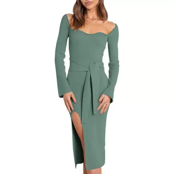 imageANRABESS Womens 2023 Fall Long Sleeve Sweetheart Neck Tie Waist Slit Side Kibbed Knit Slim Bodycon Midi Sweater DressGray Green